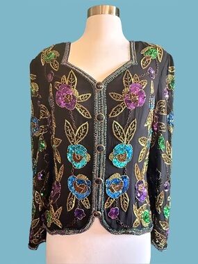 Vintage Morgan Taylor Beaded Sequin Black Evening Shell Floral Green Blue Sz 8